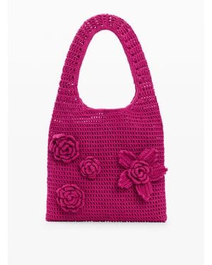 Desigual Crochet Bag With Flowers, Cotton - Pink