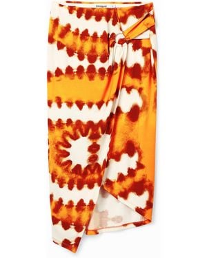 Desigual Falda Midi Cruzada Tie-Dye, Mujer, Viscosa, Naranja