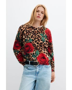 Desigual Chunky Knit Animal Print Sweater - Red