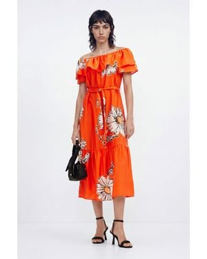 Desigual Daisy Ruffle Midi Dress, Cotton - Red