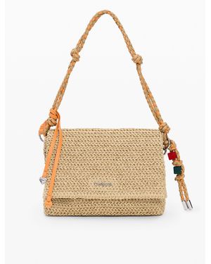 Desigual Medium Raffia Bag With Charms, Paper - Natural