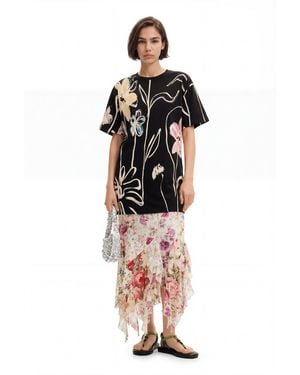 Desigual Short Dress With Illustrated Flowers, Cotton - Black