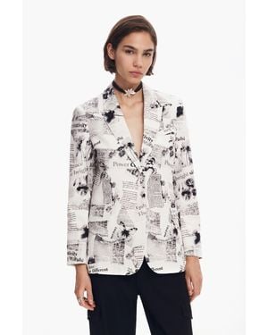 Desigual Straight Blazer With Text And Flowers, Cotton - White