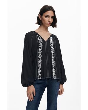 Desigual Blouse With Contrast Embroidery - Blue
