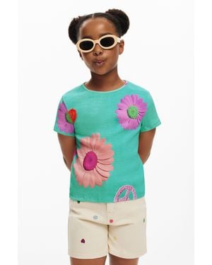 Desigual Ribbed Floral T-Shirt - Blue