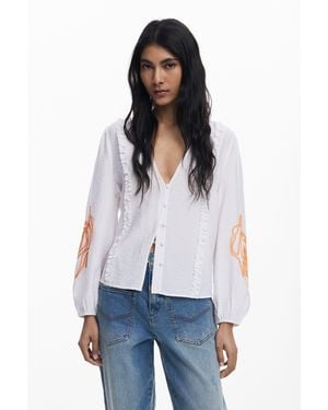 Desigual Ballonbluse Mit Blättern - Weiß