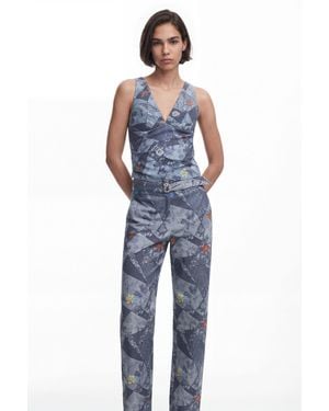Desigual Embroidered Floral Patch Tank - Blue