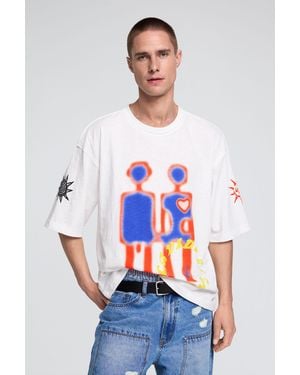 Desigual Printed T-Shirt With Robots, Cotton - White