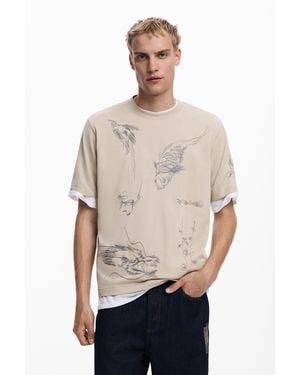 Desigual T-Shirt With Carp Drawings - Natural