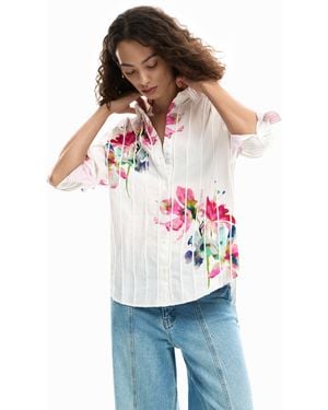 Desigual Pleated Long-Sleeve Floral Shirt, Cotton - White