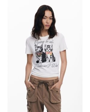 Desigual T-Shirt With Cat Rhinestones - White