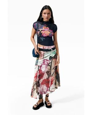 Desigual Falda Larga Estampada, Negro - Rojo