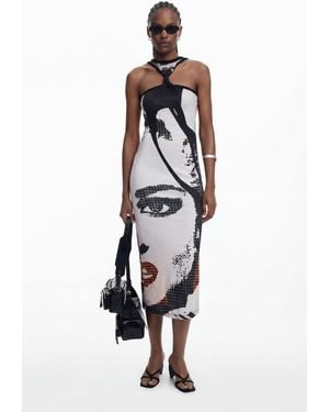 Desigual Fitted Midi Dress Face, Cotton - White