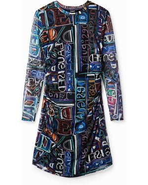 Desigual Lettering Bodycon Tulle Long Sleeved Writing Dress 23swvk23 Black - Blue