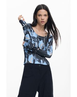 Desigual Fine Floral-Texture Jumper - Blue
