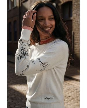 Desigual Jersey Mangas Lettering, Mujer, Blanco