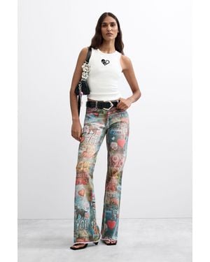 Desigual Printed Flare Jeans, Cotton - Blue