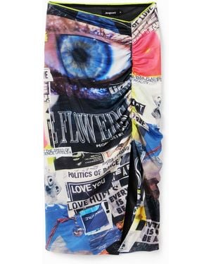 Desigual Slim Gathered Collage Midi Skirt, Polyester - White