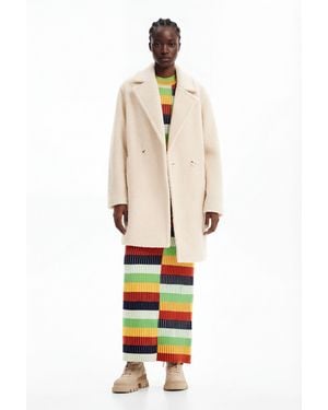 Desigual Double-Breasted Bouclé Coat, Polyester - White