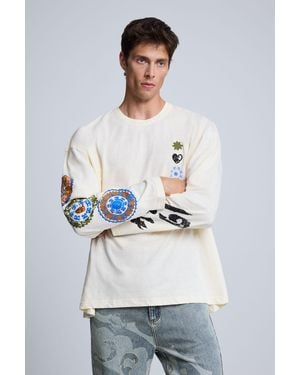 Desigual Camiseta Manga Larga Estampada, Algodon, Blanco - Gris