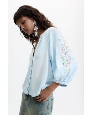 Desigual Bluse Mit Langen Ärmeln, Lyocell, Blau - Grün