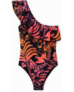 Desigual Asymmetric Ruffle Swimsuit - Red