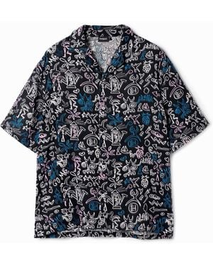 Desigual Shirt With Contrasting Illustrations, Cotton - Blue
