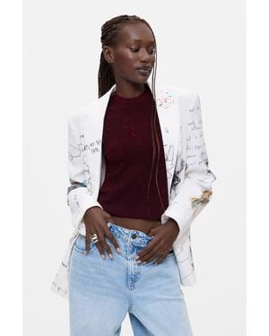 Desigual Blazer Estampado Flores, Mujer, Algodon, Blanco - Rojo