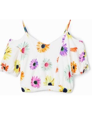 Desigual Short Gathered Floral Blouse, Viscose - White