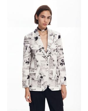 Desigual Straight Blazer With Text And Flowers, Cotton - White