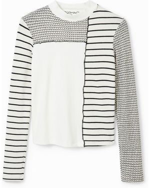 Desigual Slim Striped Patchwork T-Shirt - Blue