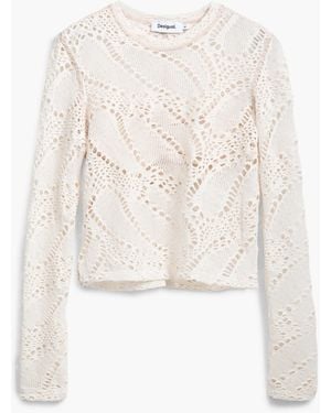 Desigual Long Sleeve Crochet T-Shirt - White