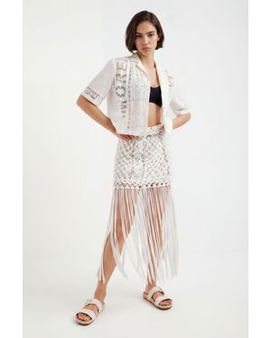 Desigual Fringed Macramé Miniskirt, Cotton - White