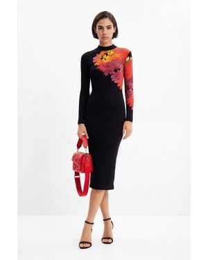 Desigual Ribbed Floral Midi Dress, Viscose - Red