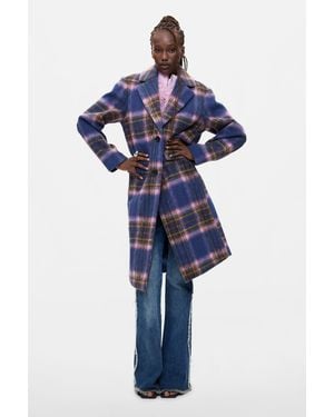 Desigual Long Checkered Coat - Blue