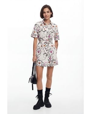 Desigual Dress With Drawn Flowers, Cotton - White