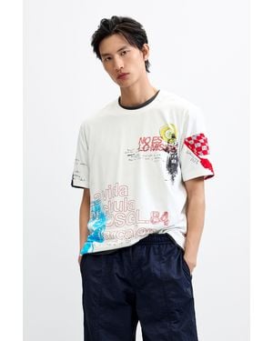 Desigual Camiseta Estampada Gráfica, Hombre, Algodon, Blanco