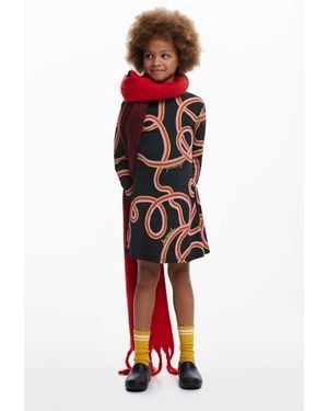 Desigual Long Sleeve Skater Dress With Streamers - Red