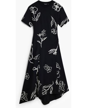 Desigual Asymmetric Dress With Floral Strokes, Cotton - Black