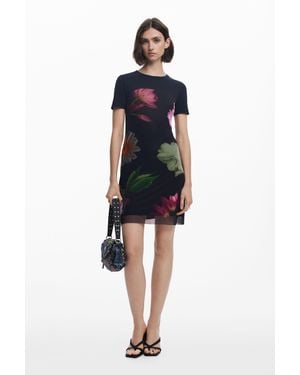 Desigual Short Dress With Combined Flowers - Black