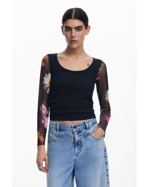Desigual T-Shirt With Printed Sleeves - Blue