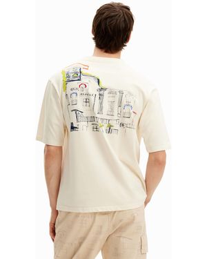 Desigual Short-Sleeved T-Shirt With A Round Neck And An Illustration Of A Mediterranean House - White