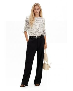 Desigual Blouse With Adjustable Sleeves And Text Prints - White