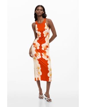 Desigual Side Flowers Dress, Viscose - Orange