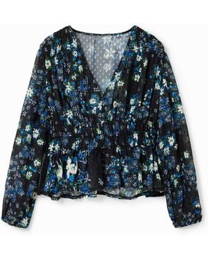 Desigual Floral Plumetis Blouse, Polyester - Blue