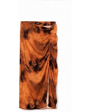 Desigual Falda Midi Fruncido Regulable, Mujer, Poliester, Naranja