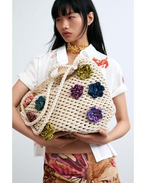 Desigual Crochet Bag With Flowers, Cotton - White