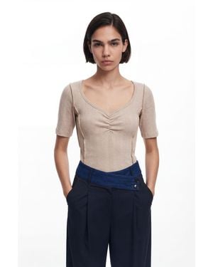 Desigual Ruched Neckline T-Shirt, Outlet, Cotton - Blue