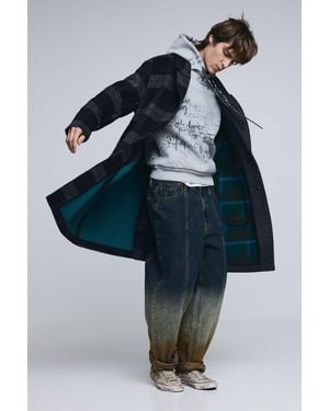 Desigual Wool Bimaterial Chequered Coat - Blue