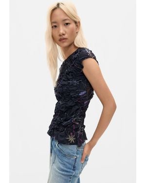 Desigual Floral Knit T-Shirt, Polyester - Blue